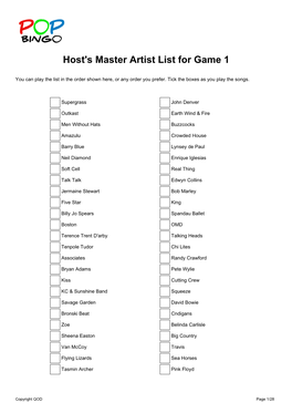 Host's Master Artist List for Game 1