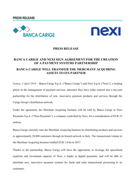 Banca Carige and Nexi Sign Agreement for the Creation of a Payment Systems Partnership