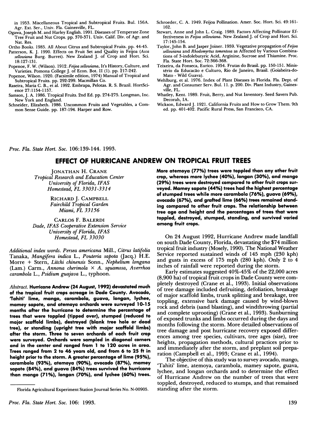 Effect of Hurricane Andrew on Tropical Fruit Trees