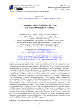 A Subjective Global Checklist of the Extant Non-Marine Ostracoda (Crustacea)