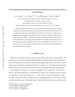 On the Quantization of Burgers Vector and Gravitational Energy in the Space-Time of a Conical Defect