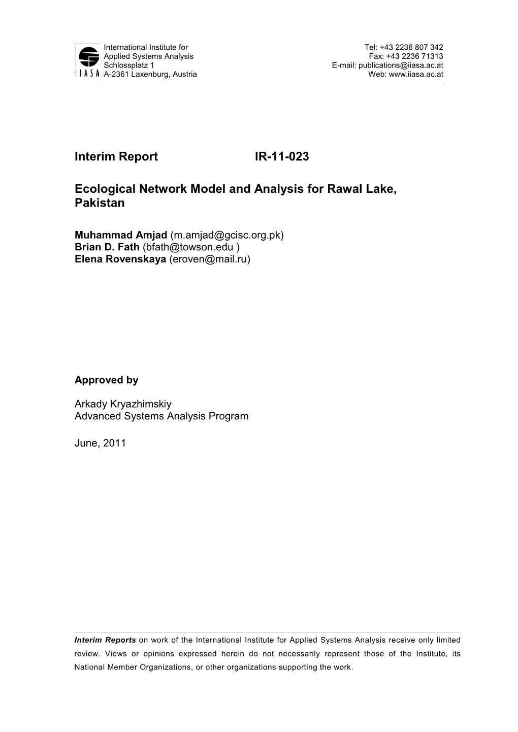 Interim Report IR-11-023 Ecological Network Model and Analysis for Rawal Lake, Pakistan