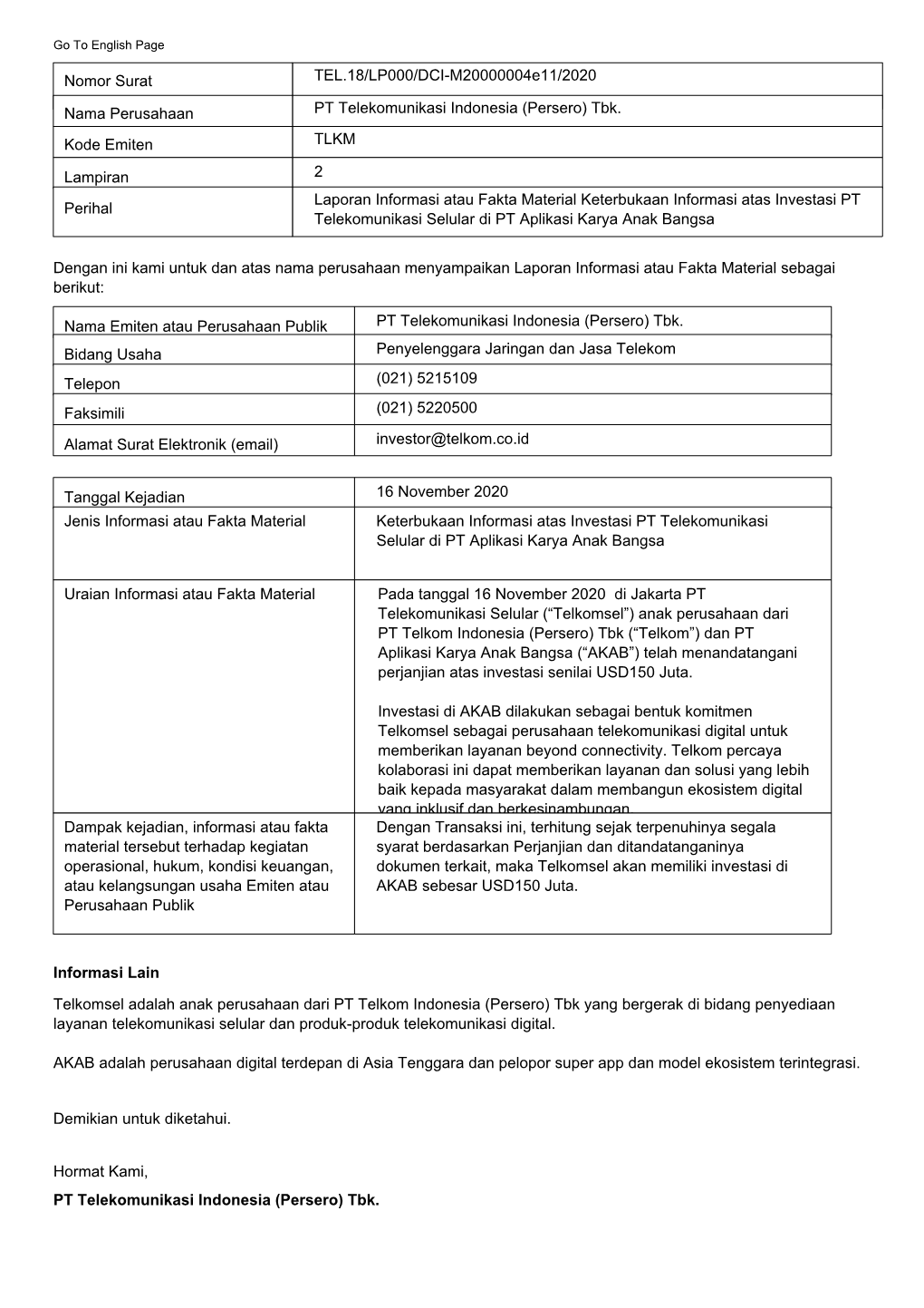 Nomor Surat Nama Perusahaan Kode Emiten Lampiran Perihal TEL.18/LP000/DCI-M20000004e11/2020 PT Telekomunikasi Indonesia (Persero