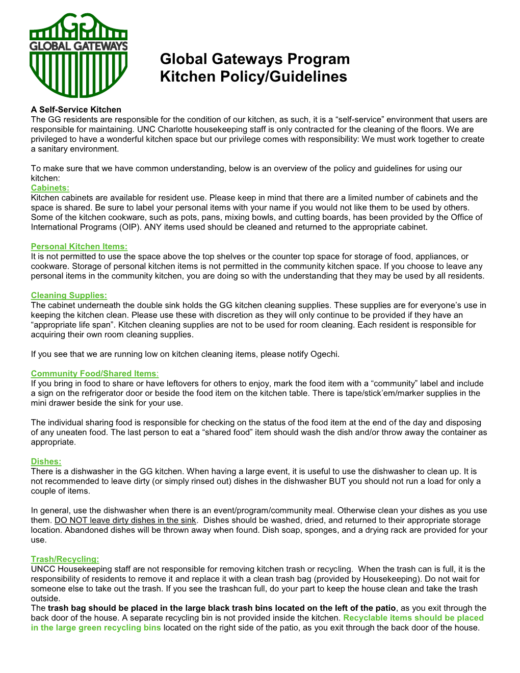 Global Gateways Program Kitchen Policy/Guidelines