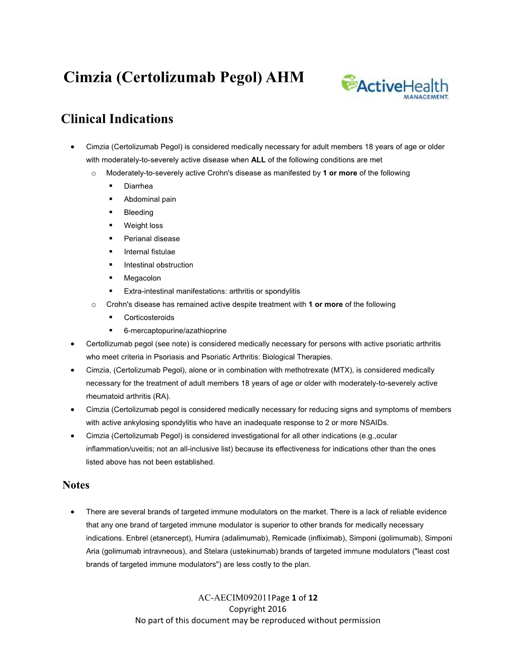 Cimzia (Certolizumab Pegol) AHM