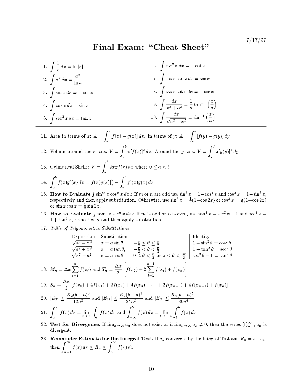 Final Exam: Cheat Sheet