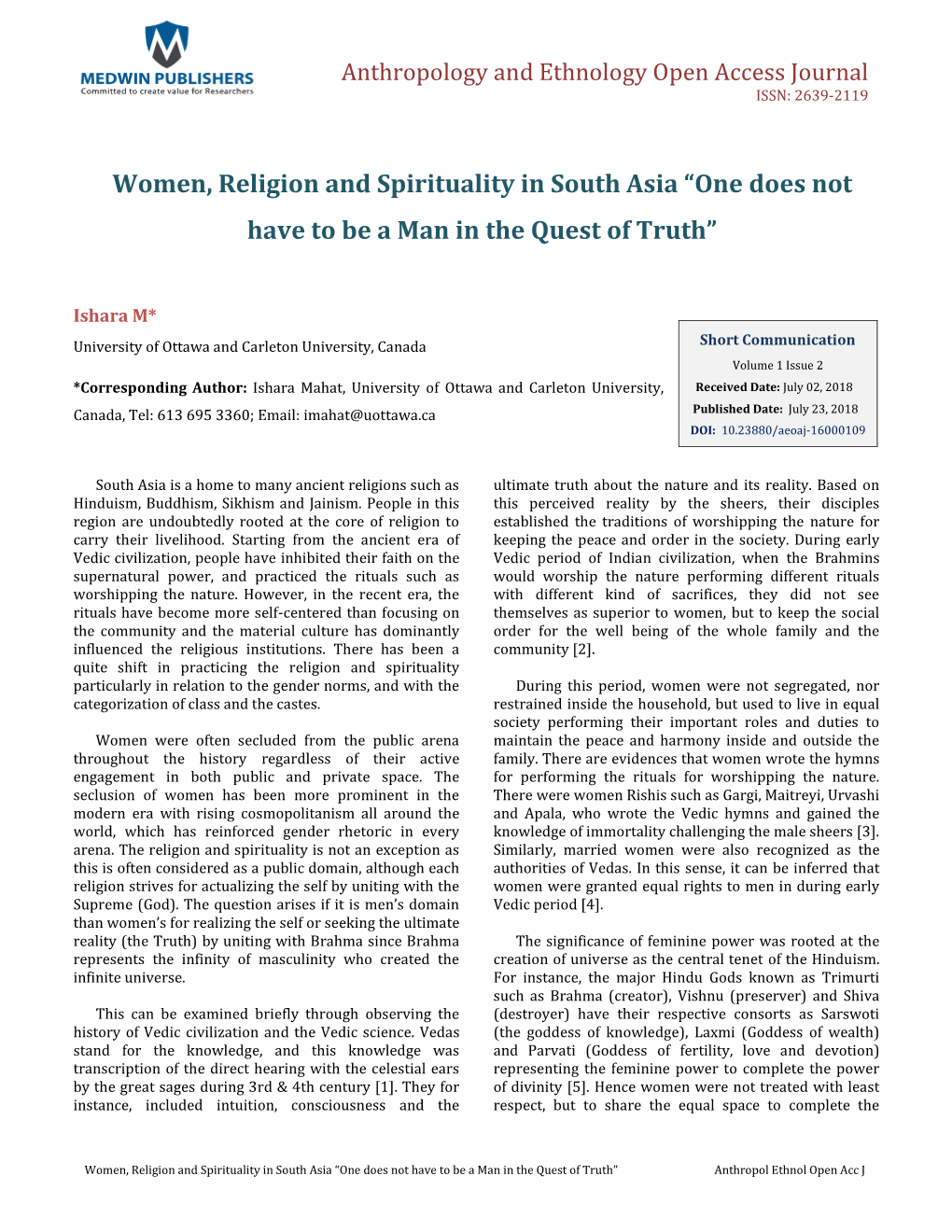 Ishara M. Women, Religion and Spirituality in South Asia “One Does Not Have to Be a Copyright© Ishara M