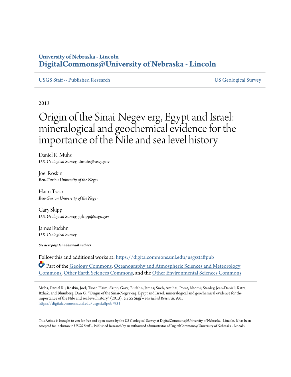 Origin of the Sinai-Negev Erg, Egypt and Israel: Mineralogical and Geochemical Evidence for the Importance of the Nile and Sea Level History Daniel R