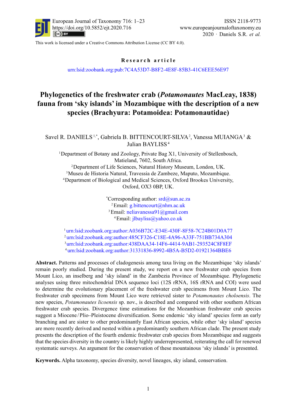 Phylogenetics of the Freshwater Crab