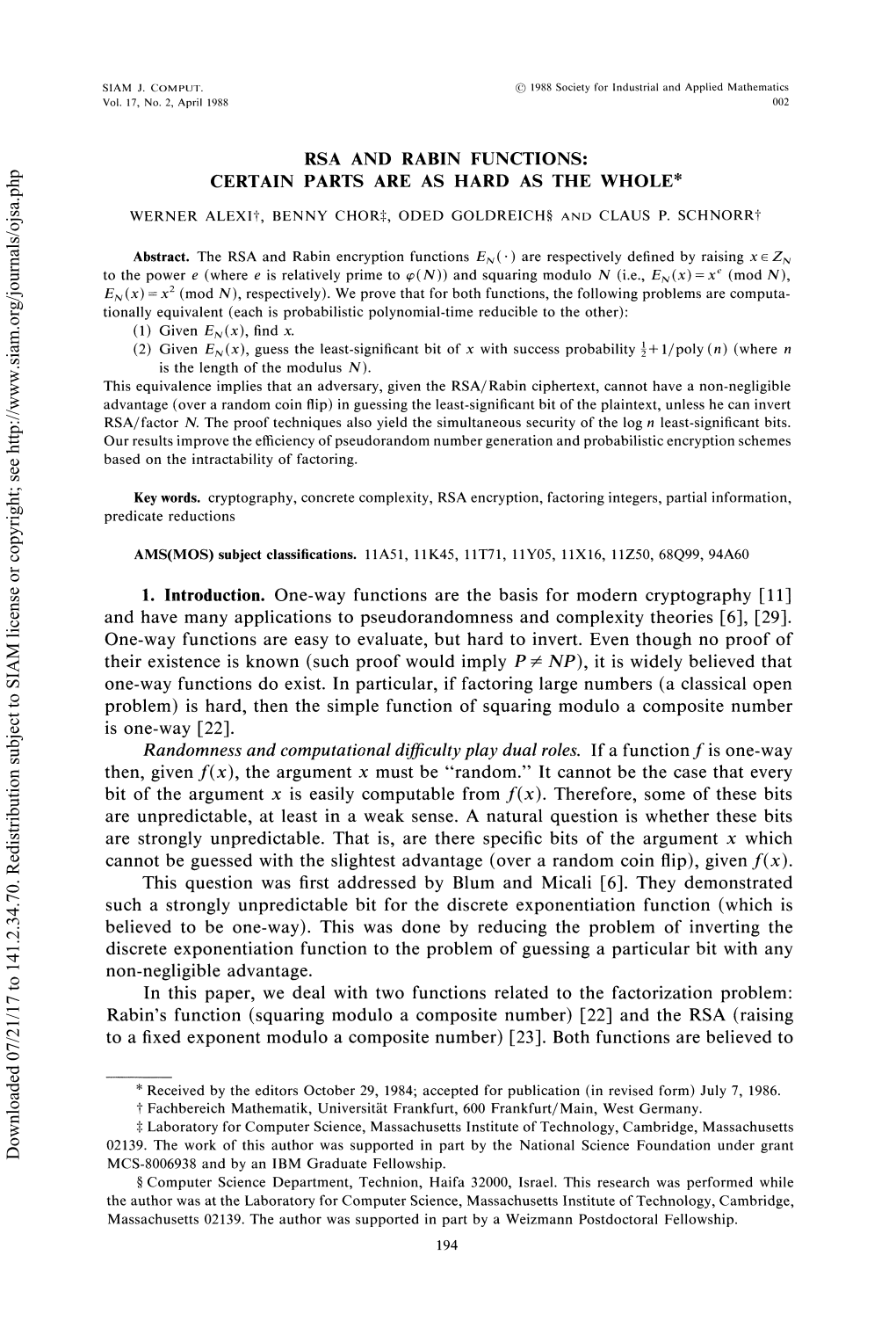 Rsa and Rabin Functions: Certain Parts Are As Hard As the Whole*