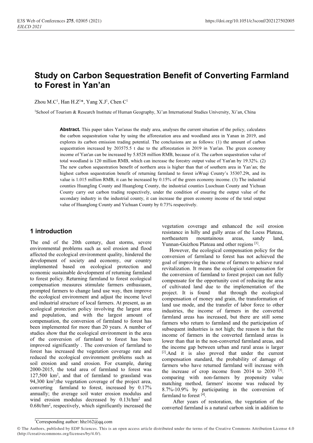 Study on Carbon Sequestration Benefit of Converting Farmland to Forest in Yan’An