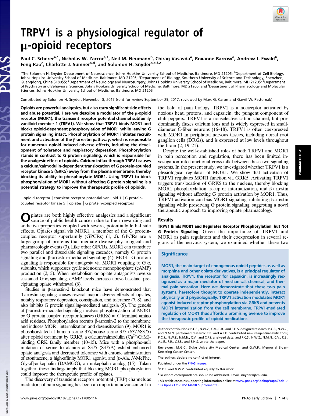 TRPV1 Is a Physiological Regulator of Μ-Opioid Receptors