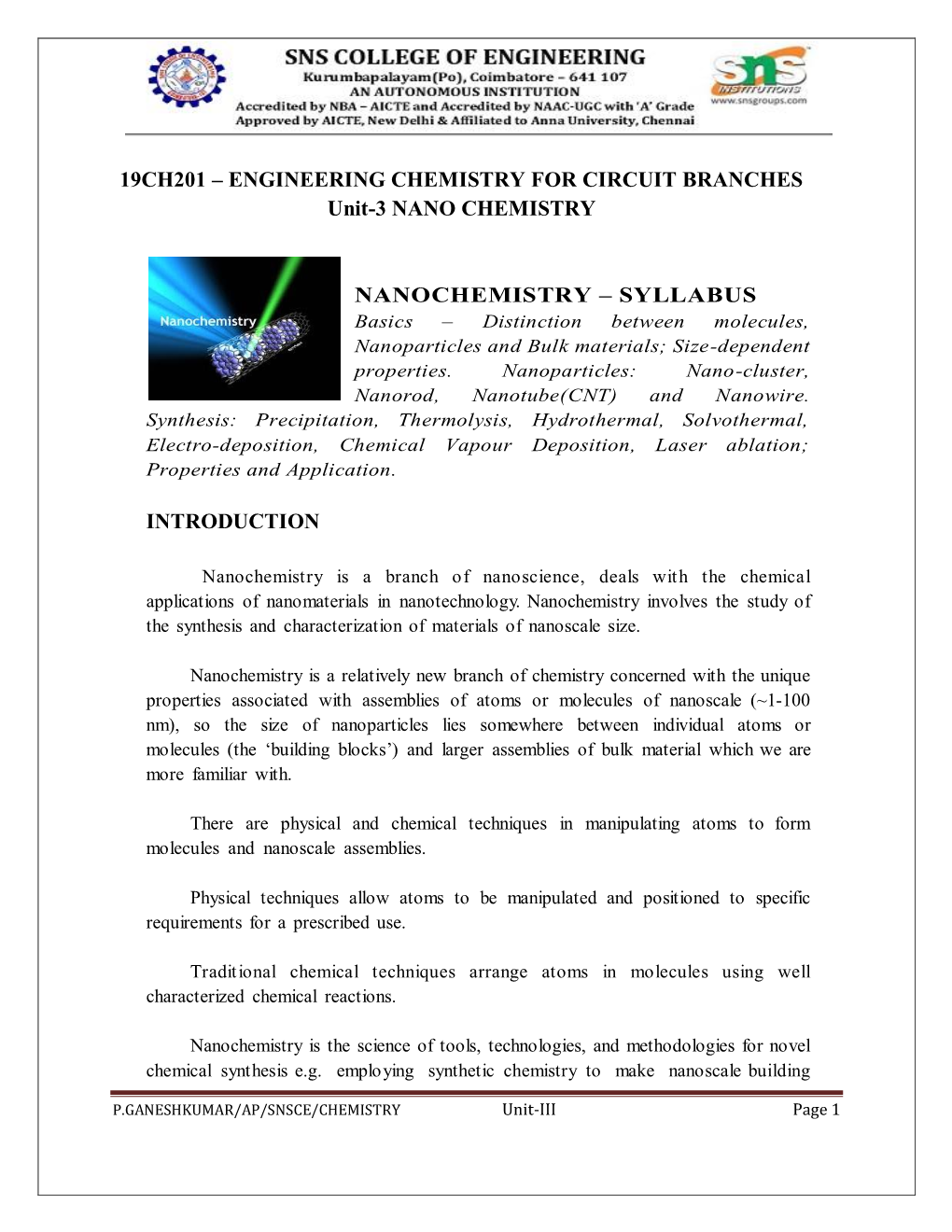 ENGINEERING CHEMISTRY for CIRCUIT BRANCHES Unit-3 NANO CHEMISTRY NANOCHEMISTRY