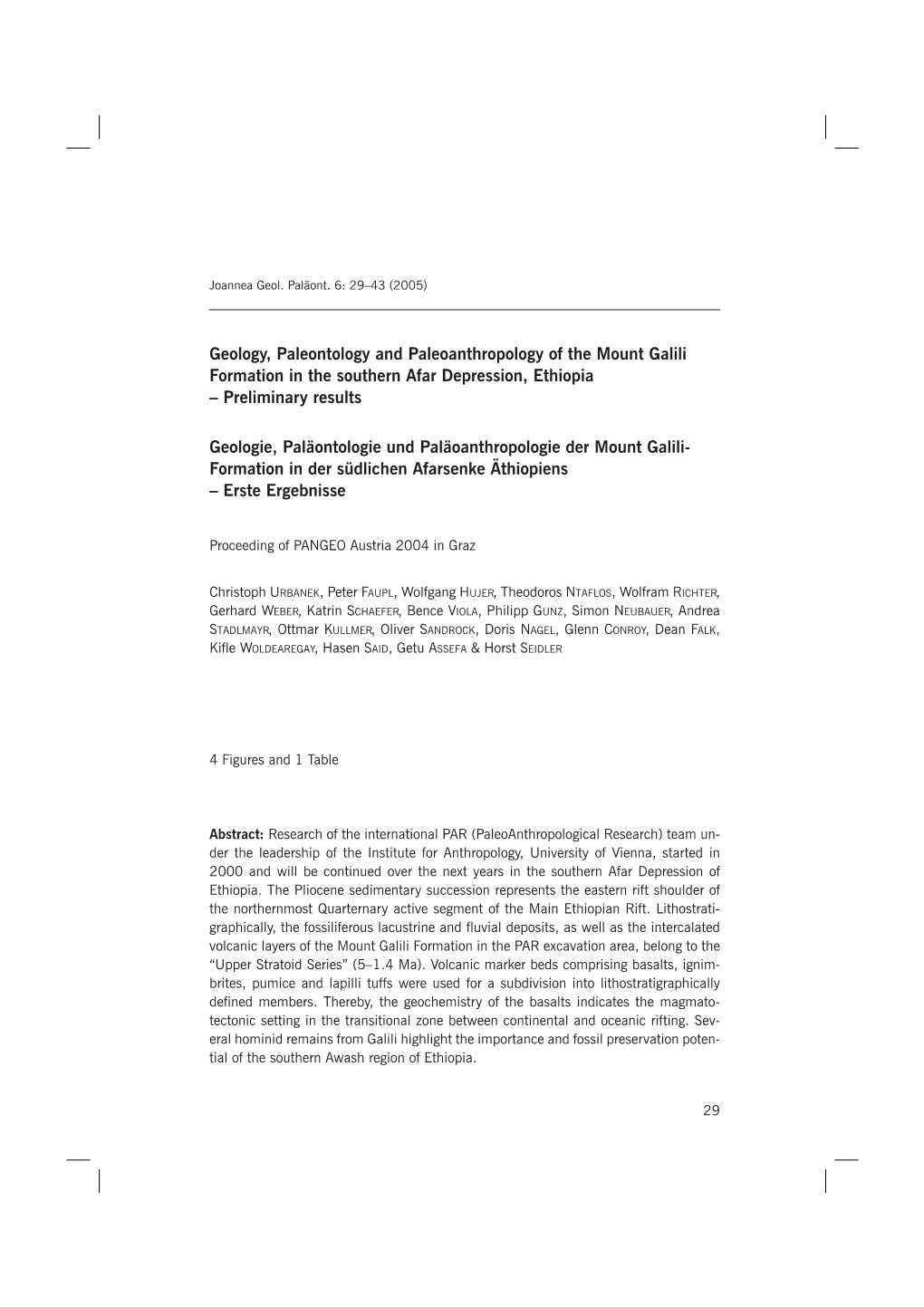 Geology, Paleontology and Paleoanthropology of the Mount Galili Formation in the Southern Afar Depression, Ethiopia – Preliminary Results