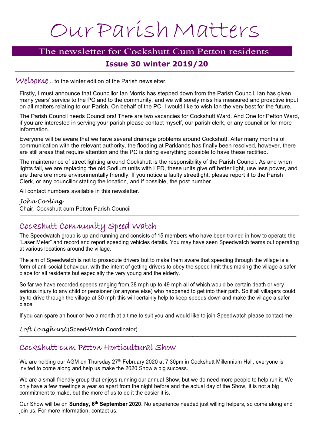 Our Parish Matters the Newsletter for Cockshutt Cum Petton Residents Issue 30 Winter 2019/20