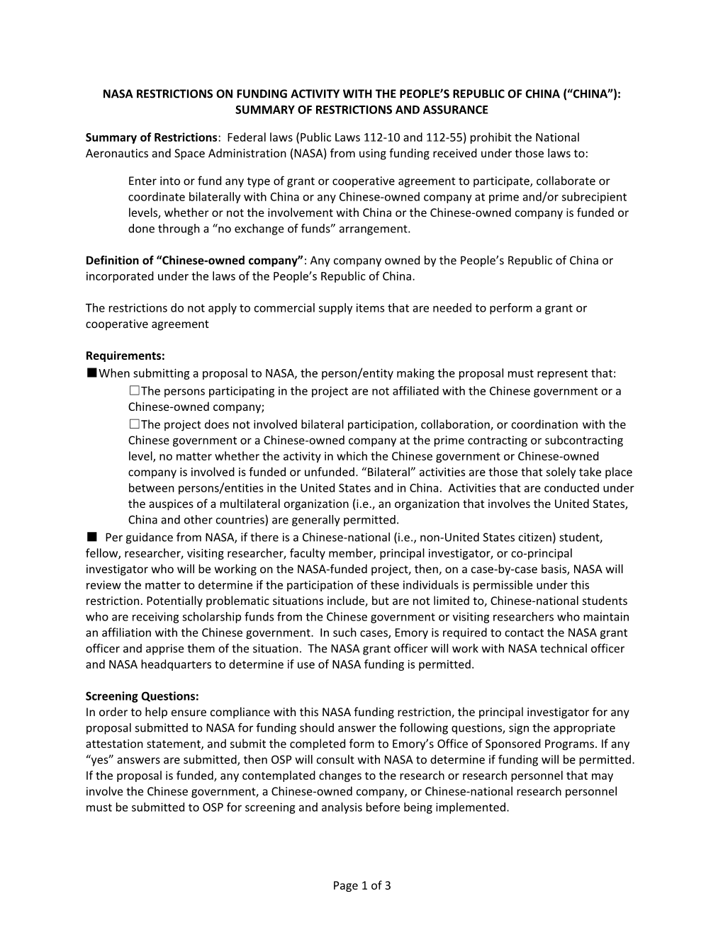 Nasa Restrictions on Funding Activity with the People S Republic of China ( China ): Summary