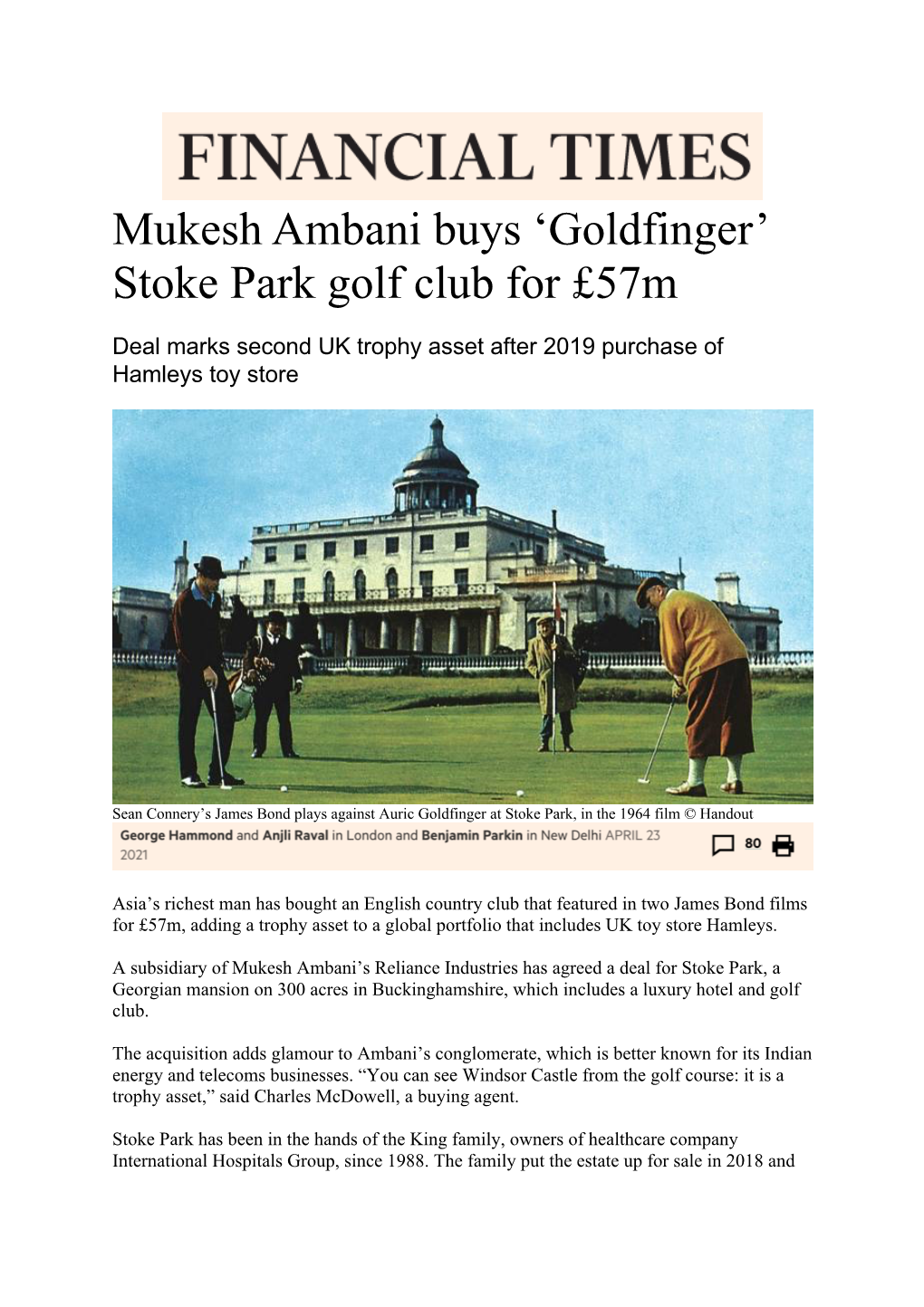 Mukesh Ambani Buys 'Goldfinger' Stoke Park Golf Club for £57M