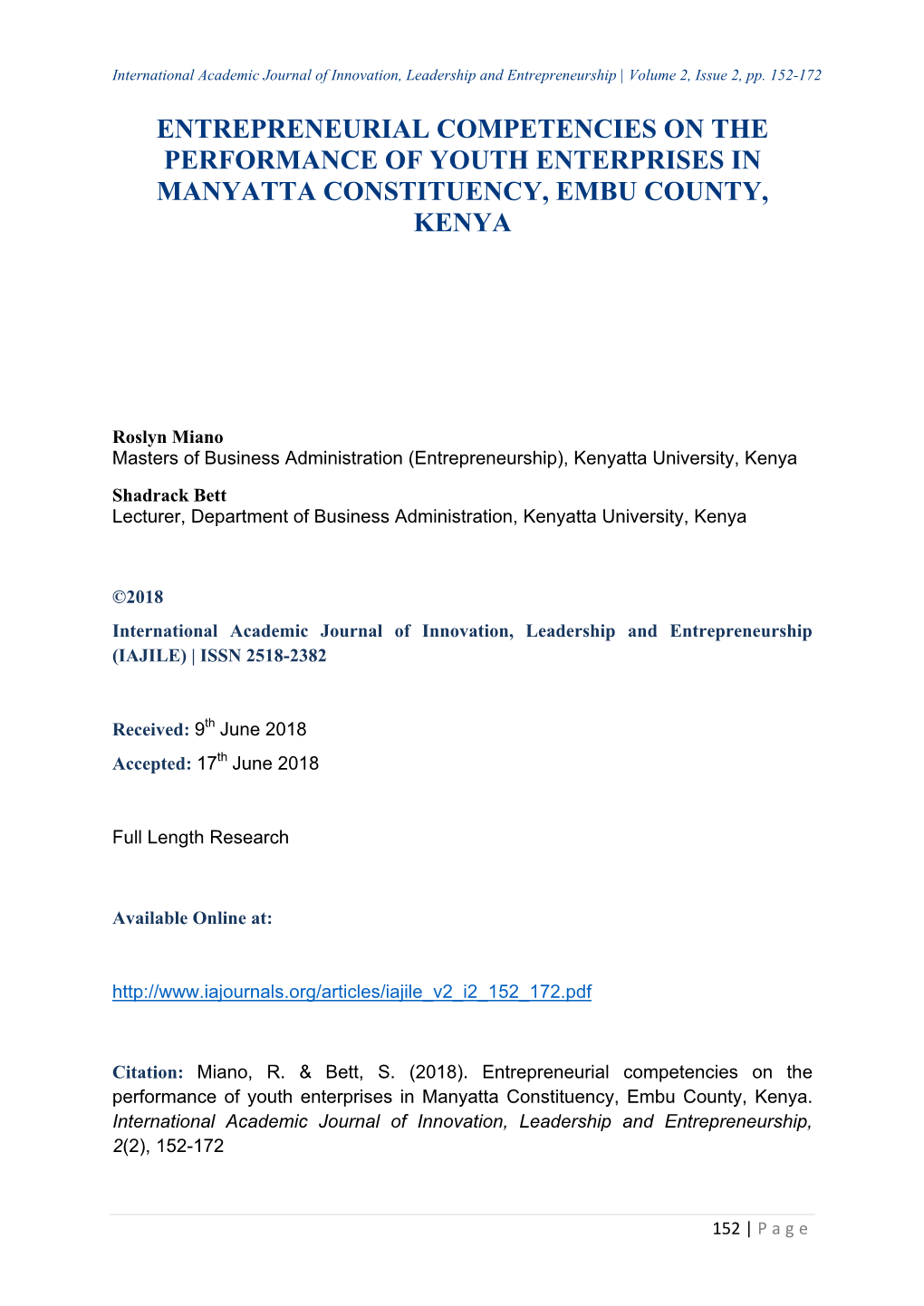 Entrepreneurial Competencies on the Performance of Youth Enterprises in Manyatta Constituency, Embu County, Kenya