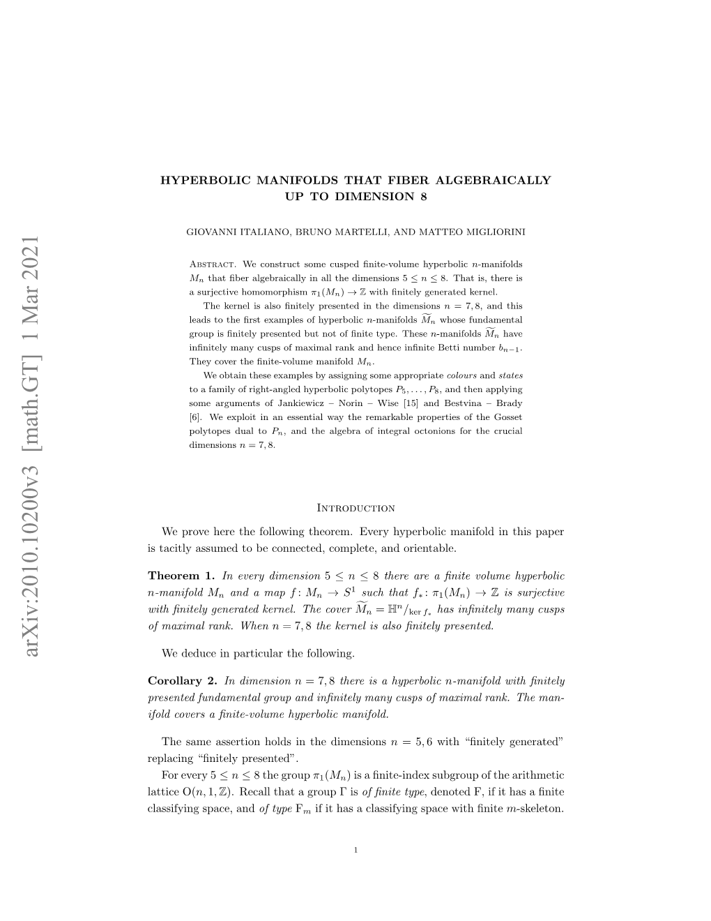 Arxiv:2010.10200V3 [Math.GT] 1 Mar 2021 We Deduce in Particular the Following