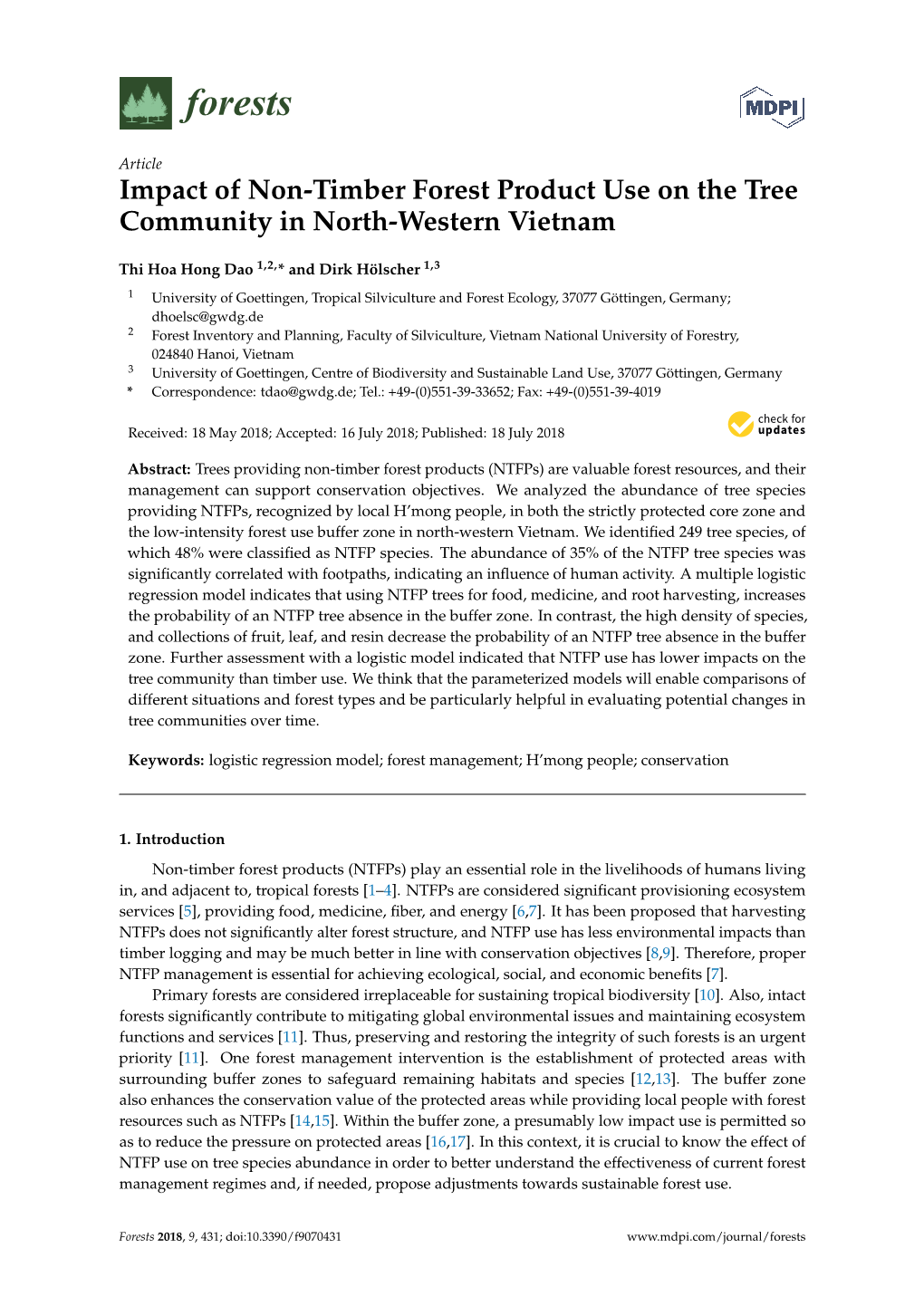 Impact of Non-Timber Forest Product Use on the Tree Community in North-Western Vietnam