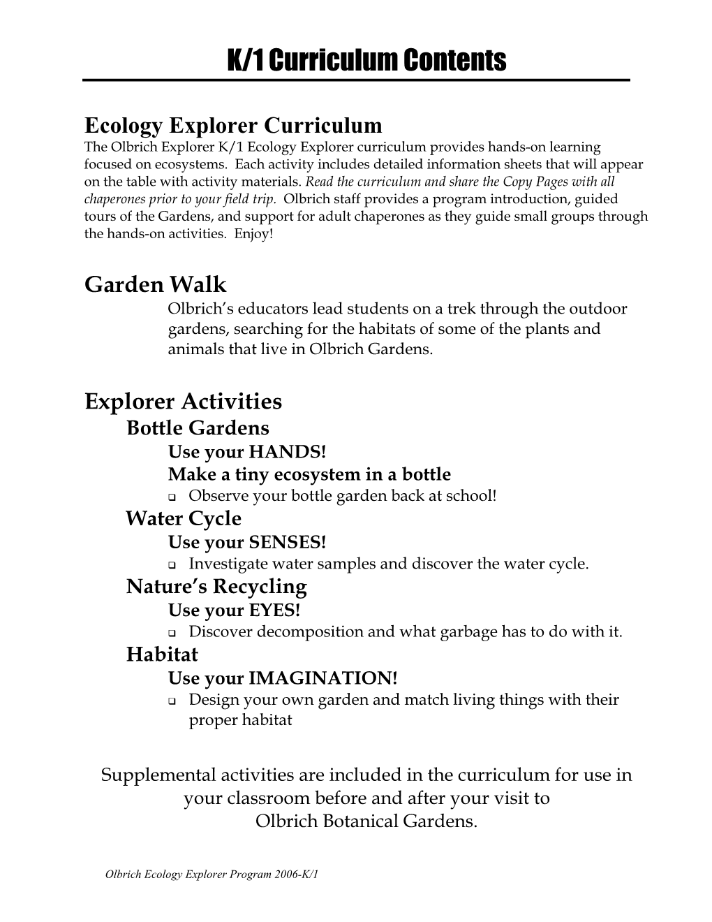 K/1 Curriculum Contents