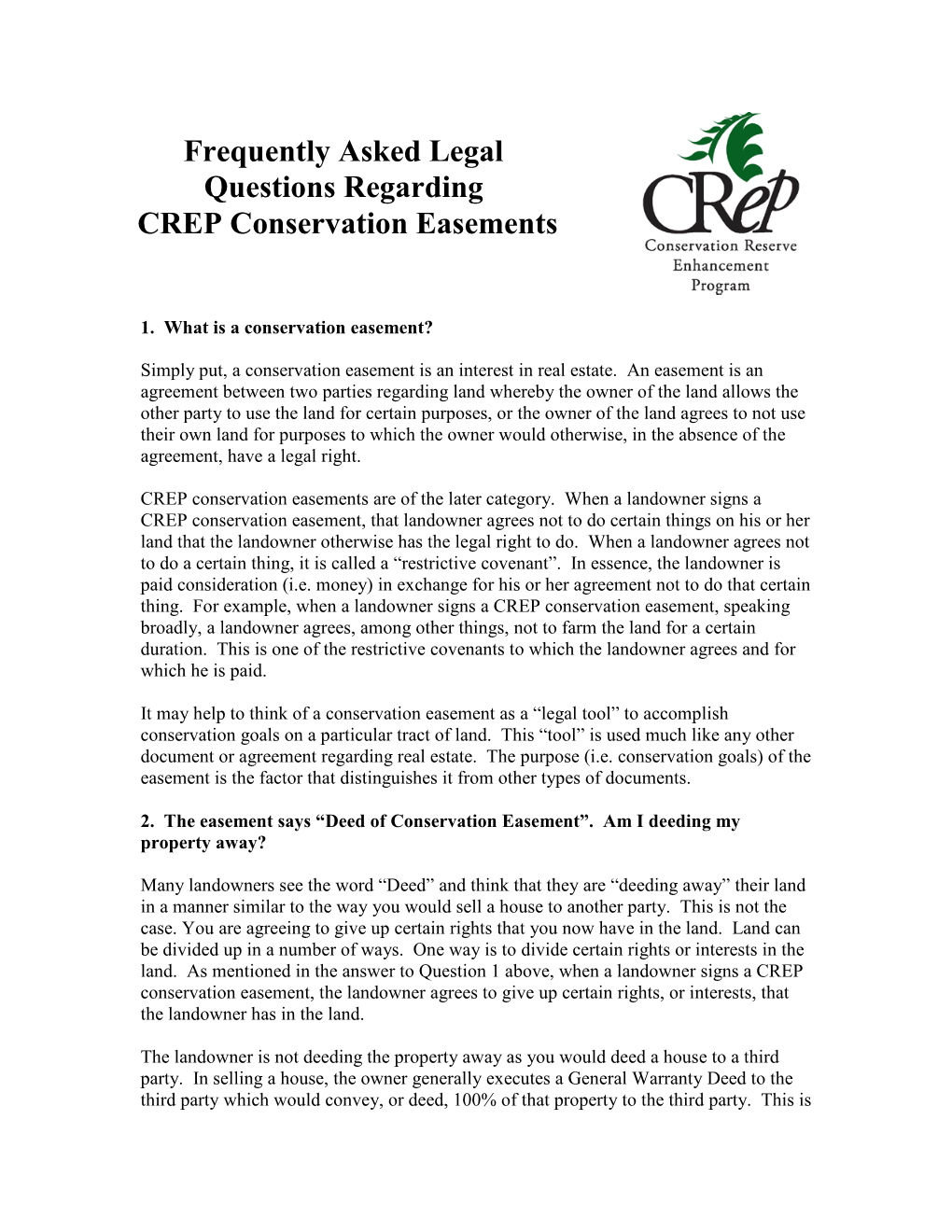 Frequently Asked Legal Questions Regarding CREP Conservation Easements