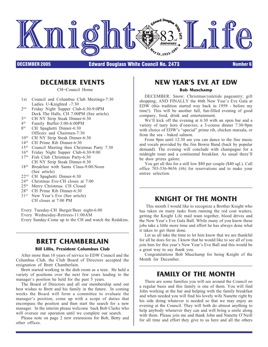 December Events Knight of the Month Family of The