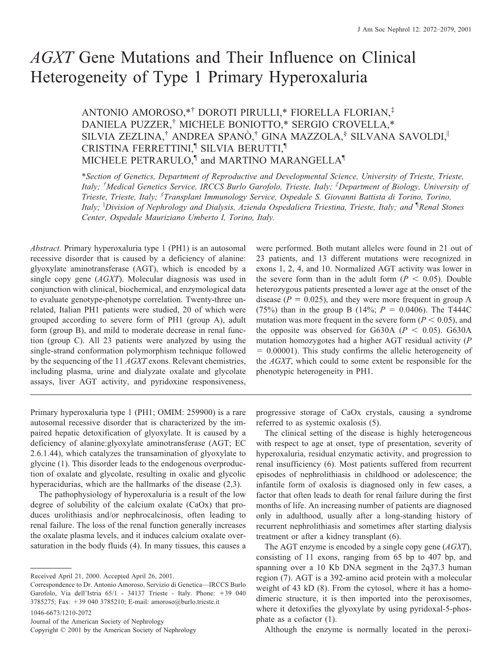 AGXT Gene Mutations and Their Influence on Clinical Heterogeneity of Type 1 Primary Hyperoxaluria