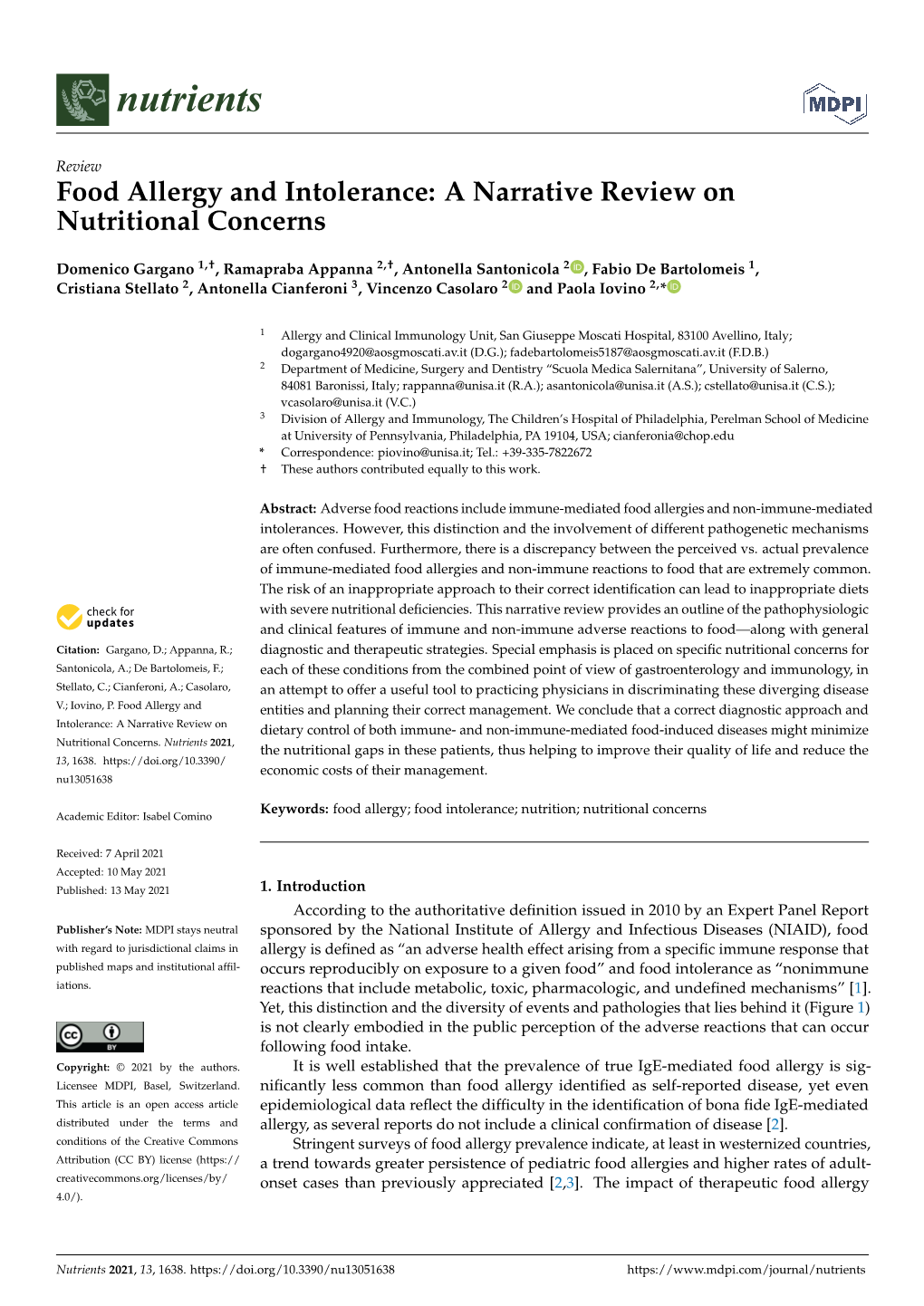 Food Allergy and Intolerance: a Narrative Review on Nutritional Concerns