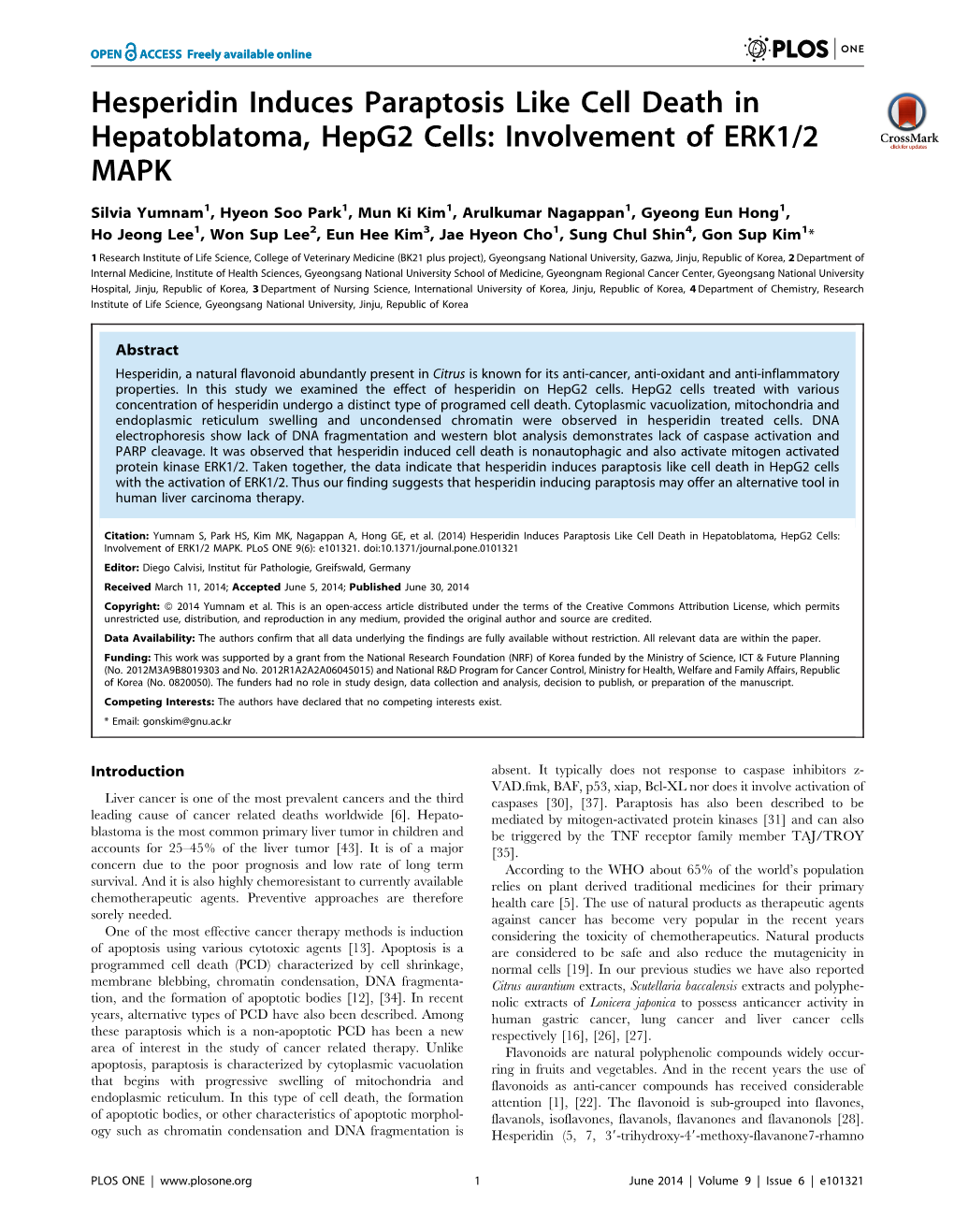 Hesperidin Induces Paraptosis Like Cell Death in Hepatoblatoma, Hepg2 Cells: Involvement of ERK1/2 MAPK