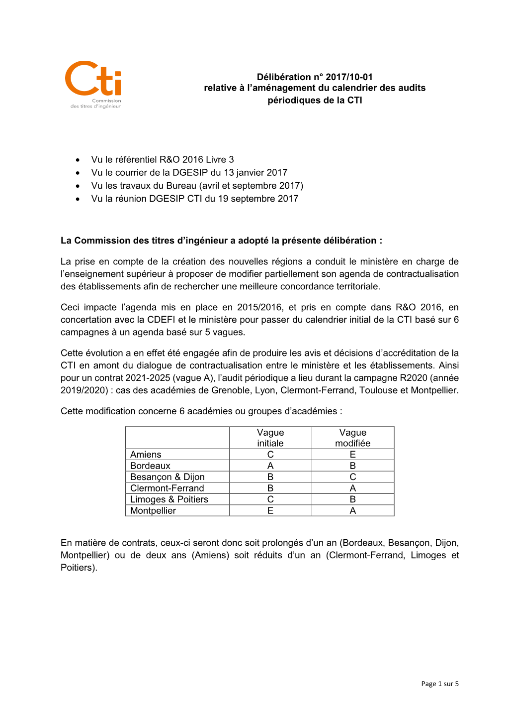 Délibération N° 2017/10-01 Relative À L'aménagement Du Calendrier Des