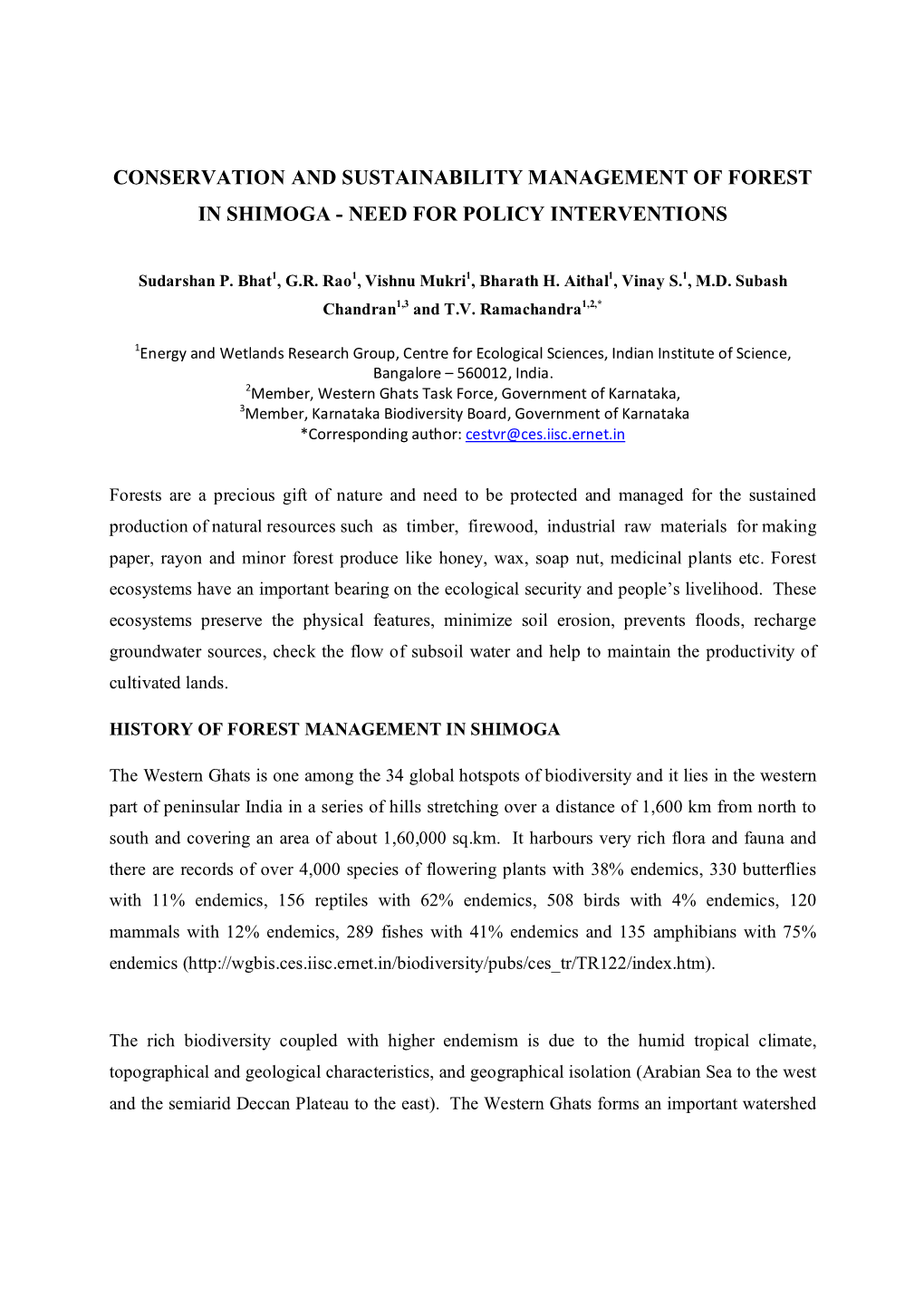 Conservation and Sustainability Management of Forest in Shimoga - Need for Policy Interventions