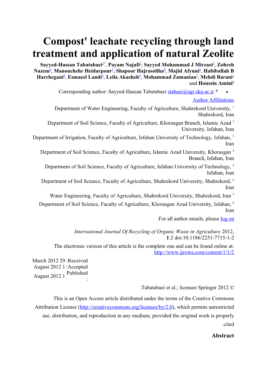 Compost' Leachate Recycling Through Land Treatment and Application of Natural Zeolite