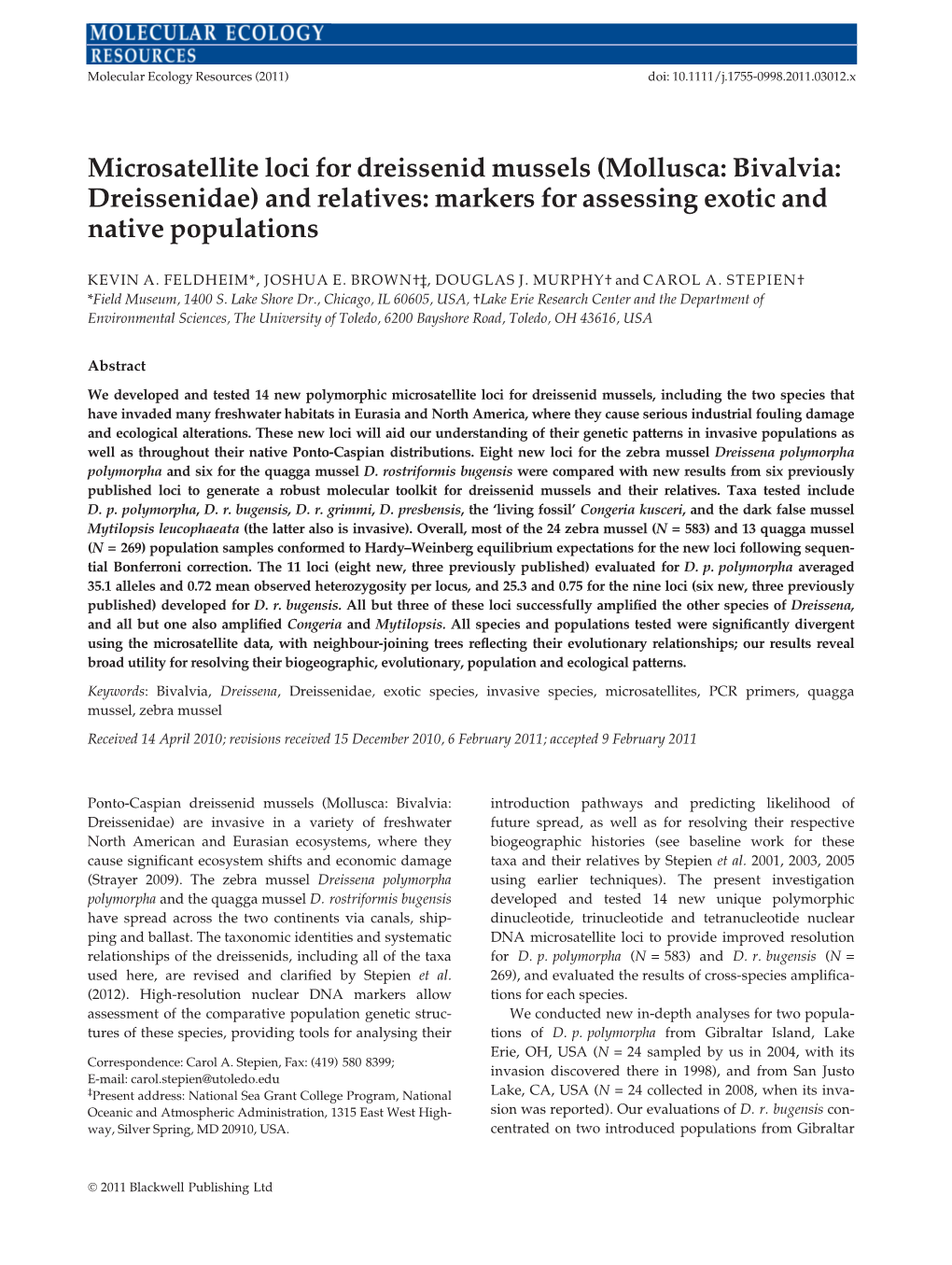 Microsatellite Loci for Dreissenid Mussels (Mollusca: Bivalvia: Dreissenidae) and Relatives: Markers for Assessing Exotic and Native Populations