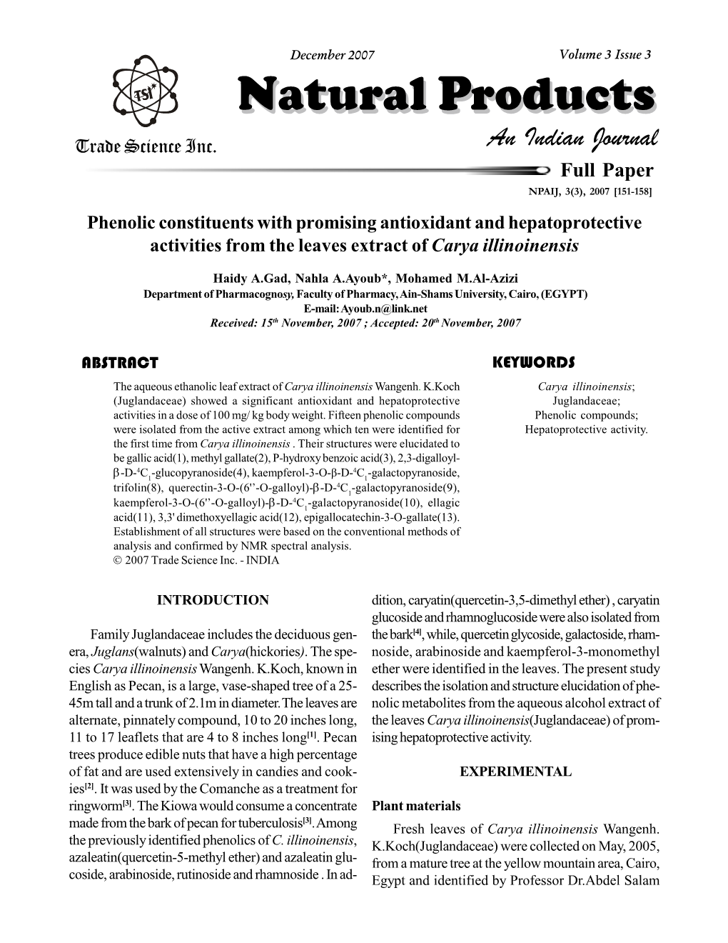 Phenolic Constituentswith Promising Antioxidant and Hepatoprotective