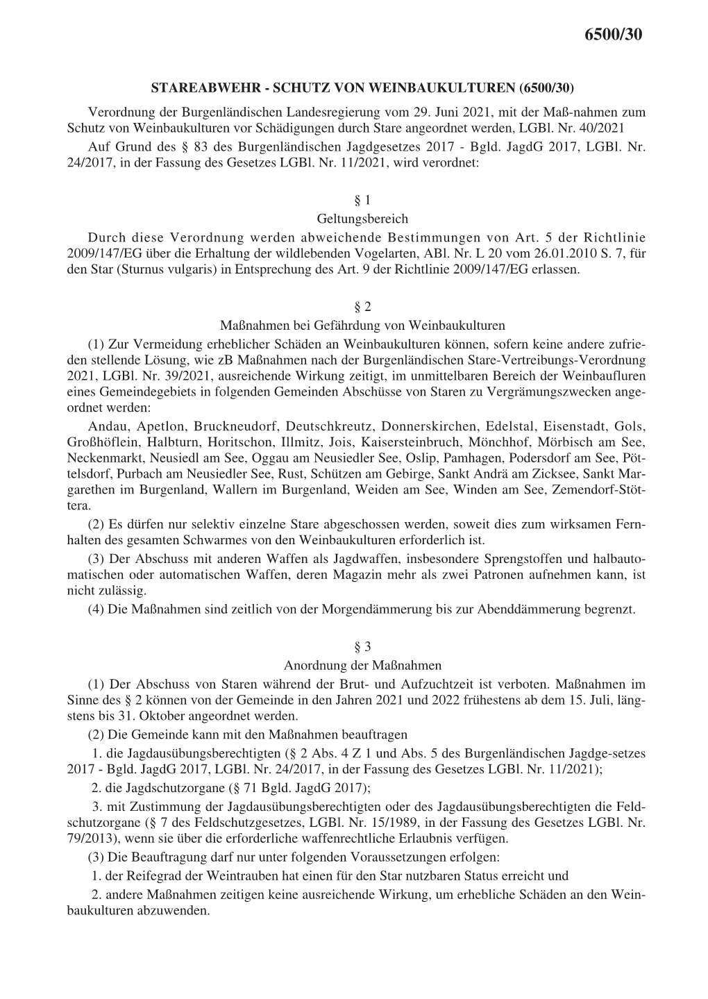 STAREABWEHR - SCHUTZ VON WEINBAUKULTUREN (6500/30) Verordnung Der Burgenländischen Landesregierung Vom 29