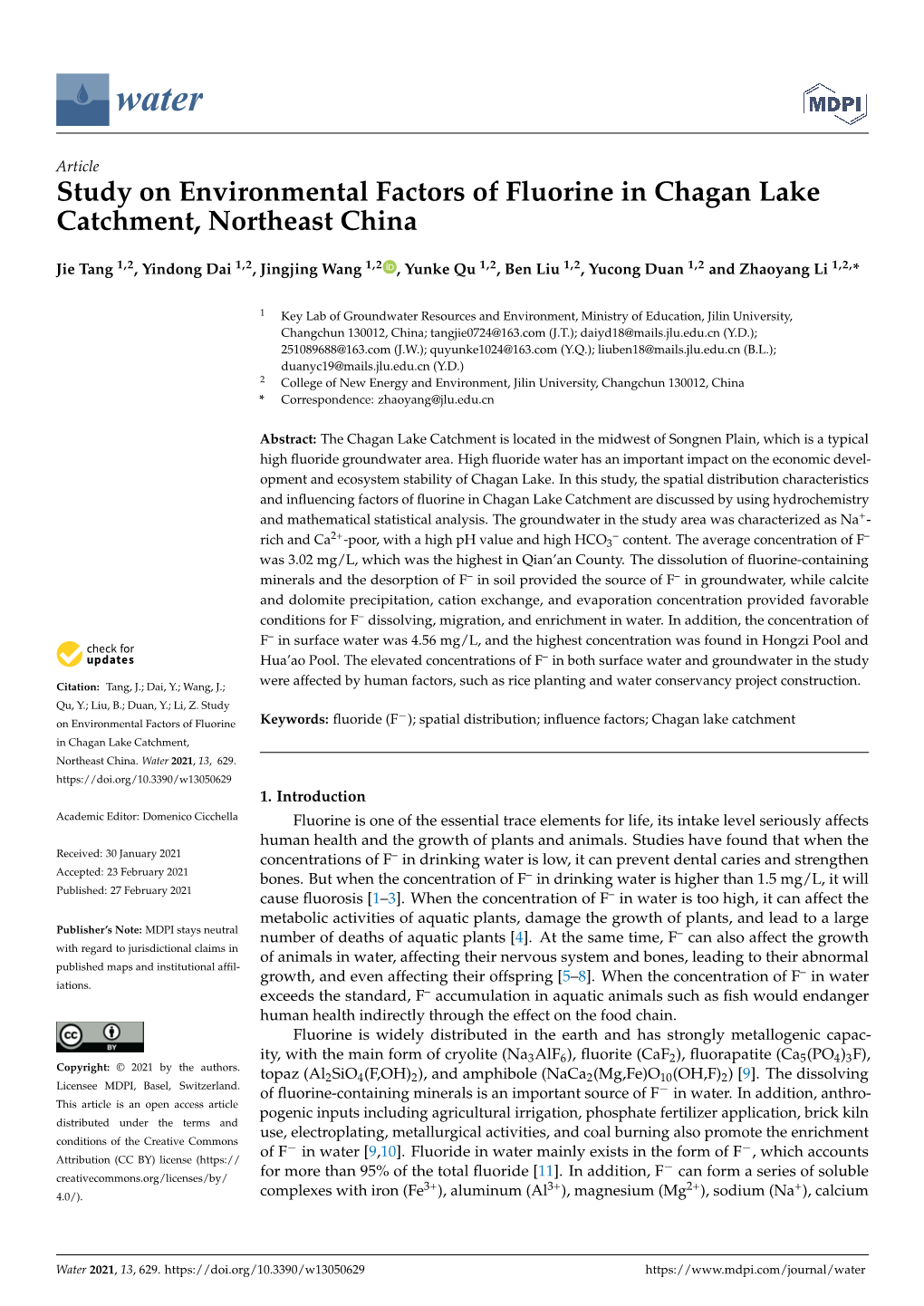 Study on Environmental Factors of Fluorine in Chagan Lake Catchment, Northeast China