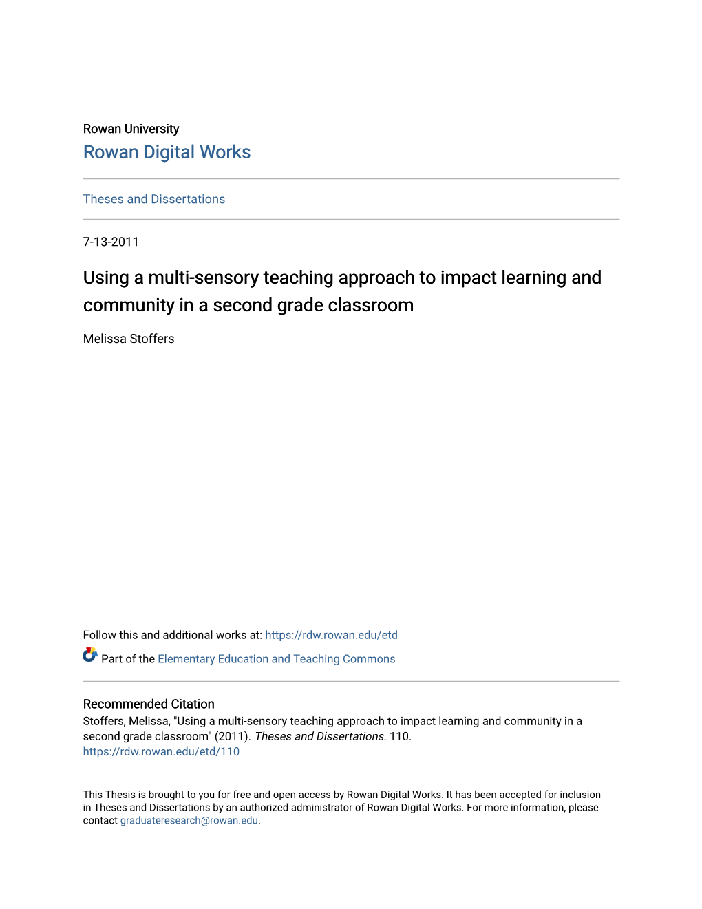 Using a Multi-Sensory Teaching Approach to Impact Learning and Community in a Second Grade Classroom