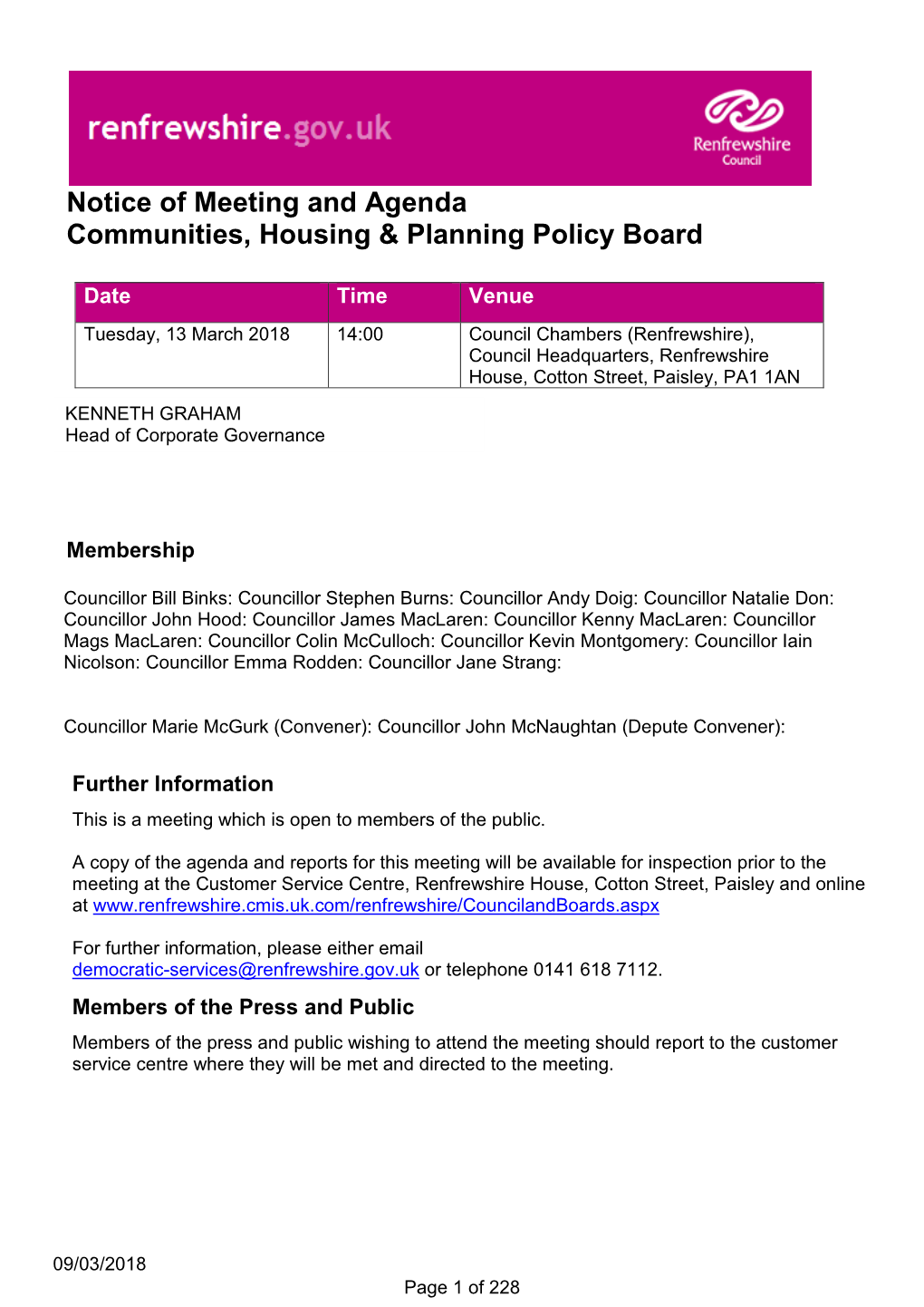Notice of Meeting and Agenda Communities, Housing & Planning