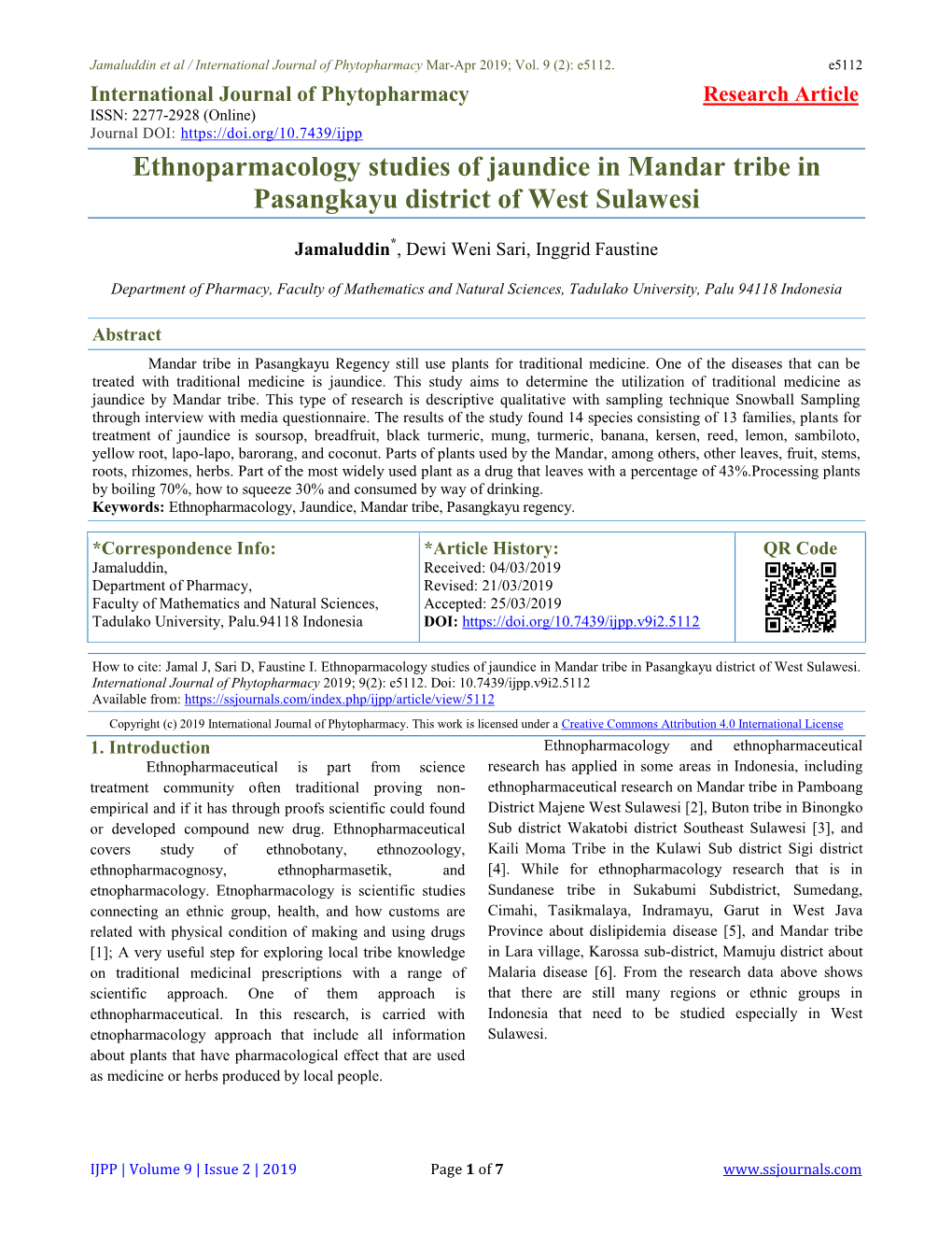 Ethnoparmacology Studies of Jaundice in Mandar Tribe in Pasangkayu District of West Sulawesi