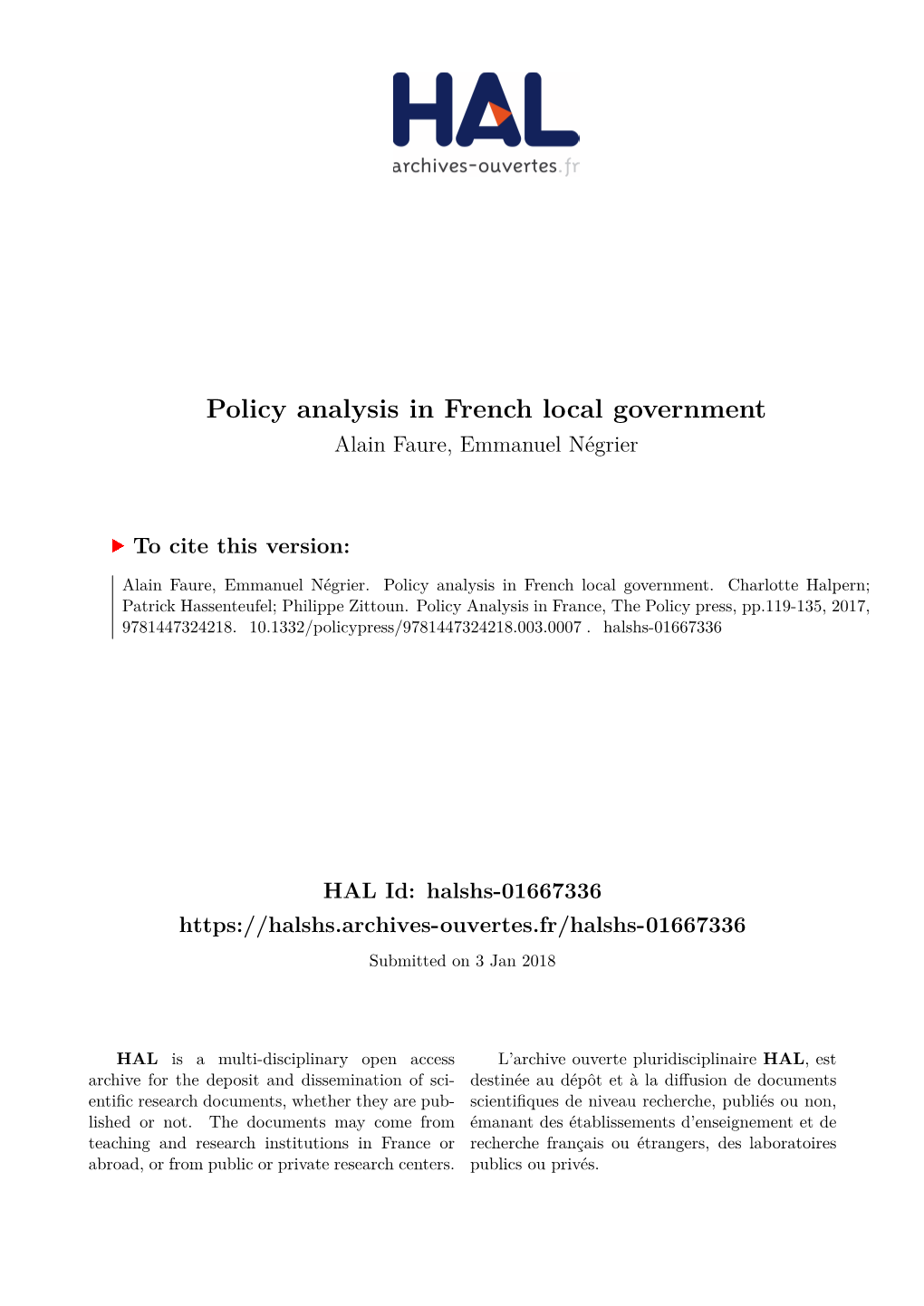 Policy Analysis in French Local Government Alain Faure, Emmanuel Négrier