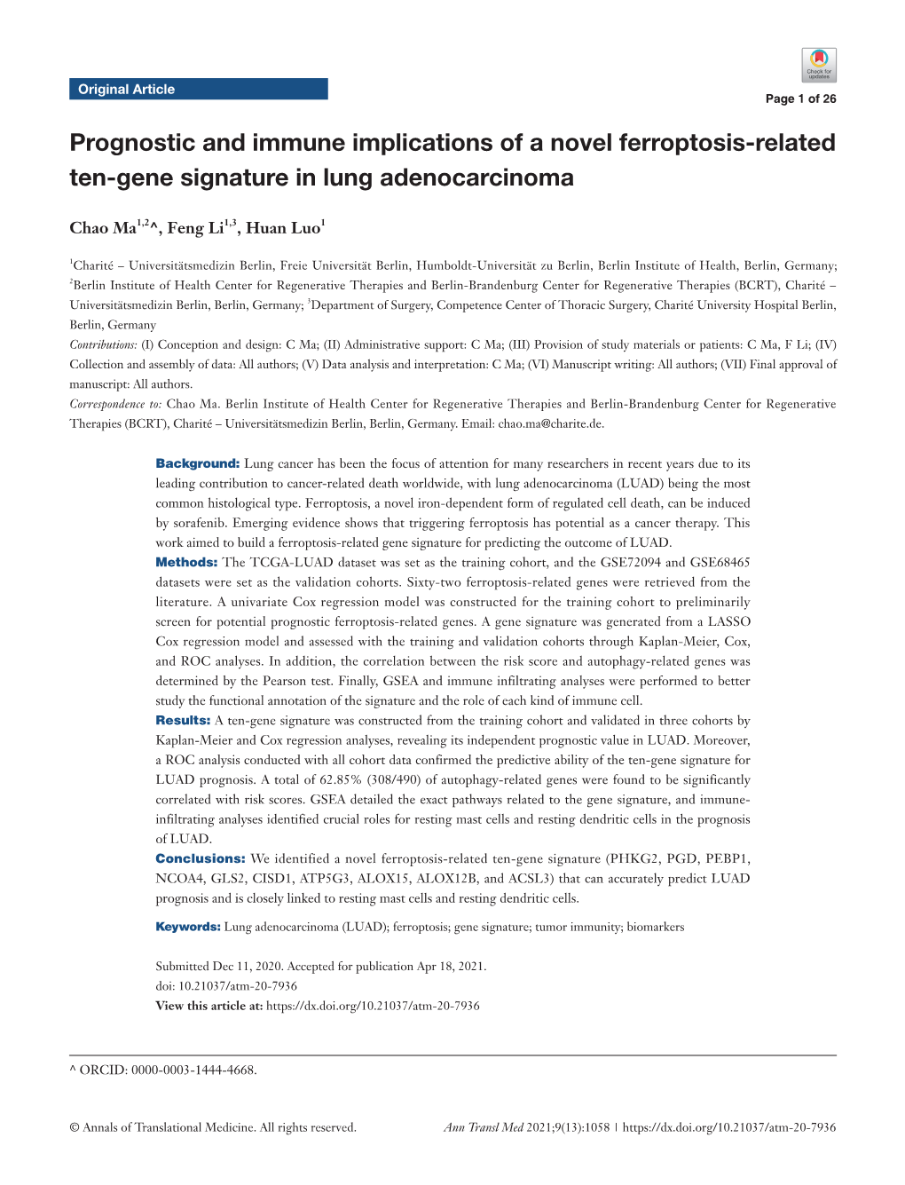 Prognostic and Immune Implications of a Novel Ferroptosis-Related Ten-Gene Signature in Lung Adenocarcinoma