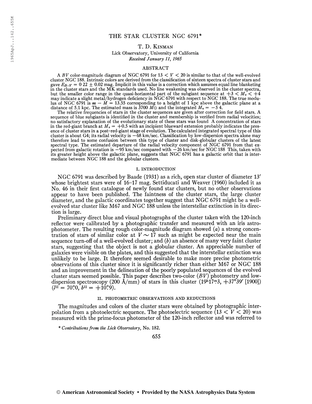 19 65Apj. . .142. .655K the STAR CLUSTER NGC 6791* T. D. Kinman Lick Observatory, University of California Received January