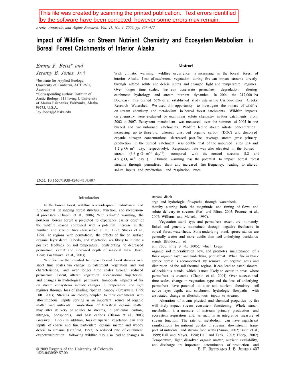 Impact of Wildfire on Stream Nutrient Chemistry and Ecosystem Metabolism in Boreal Forest Catchments of Interior Alaska