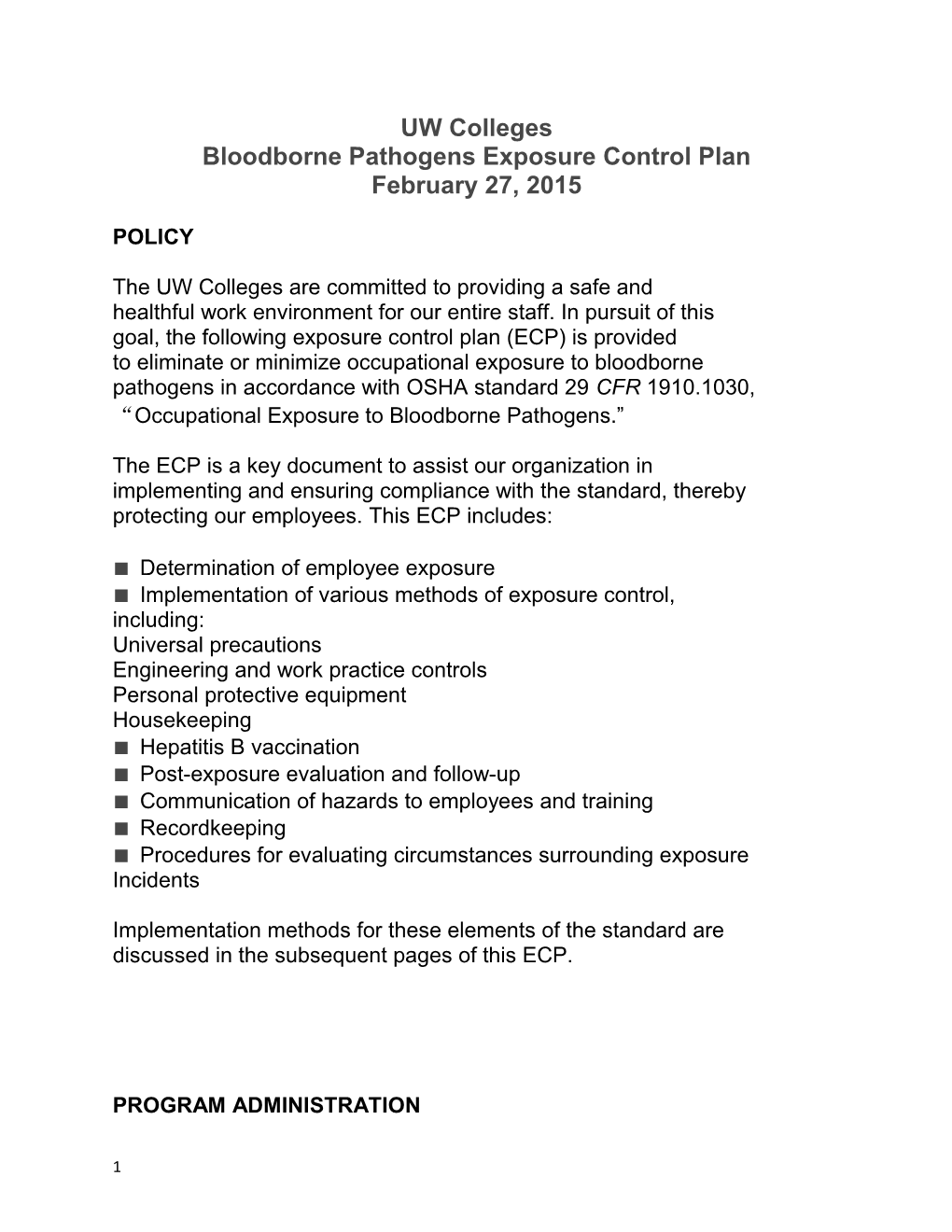 Bloodborne Pathogens Exposure Control Plan