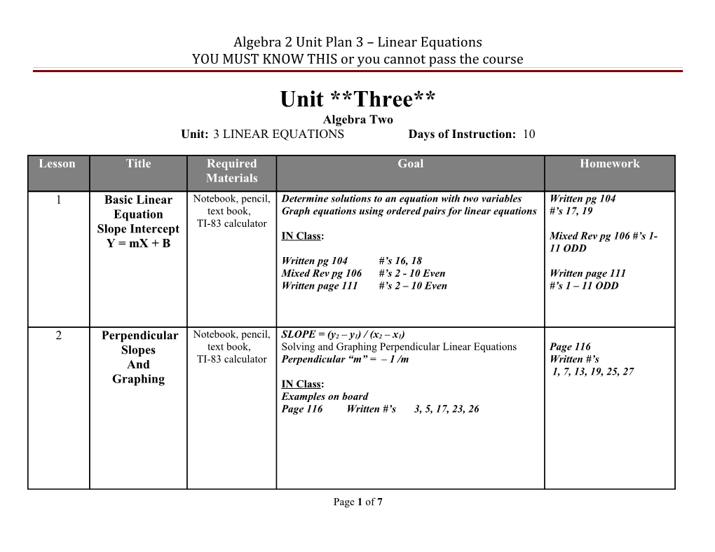 Algebra 2 Unit Plan Three Linear Equations