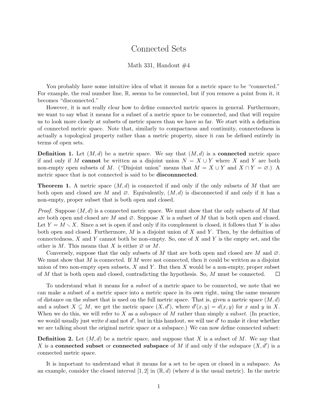 Handout #4: Connected Metric Spaces