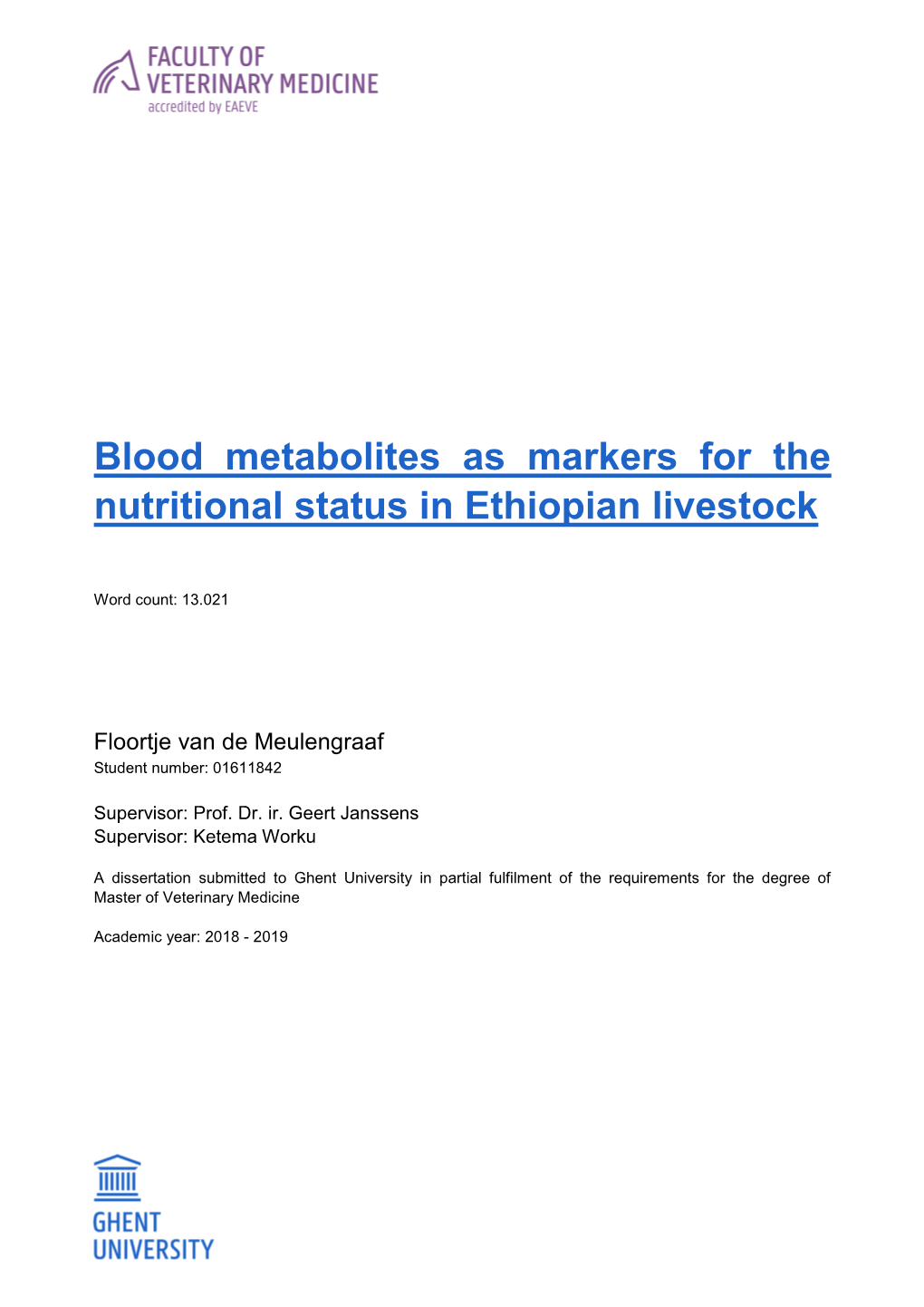 Blood Metabolites As Markers for the Nutritional Status in Ethiopian Livestock