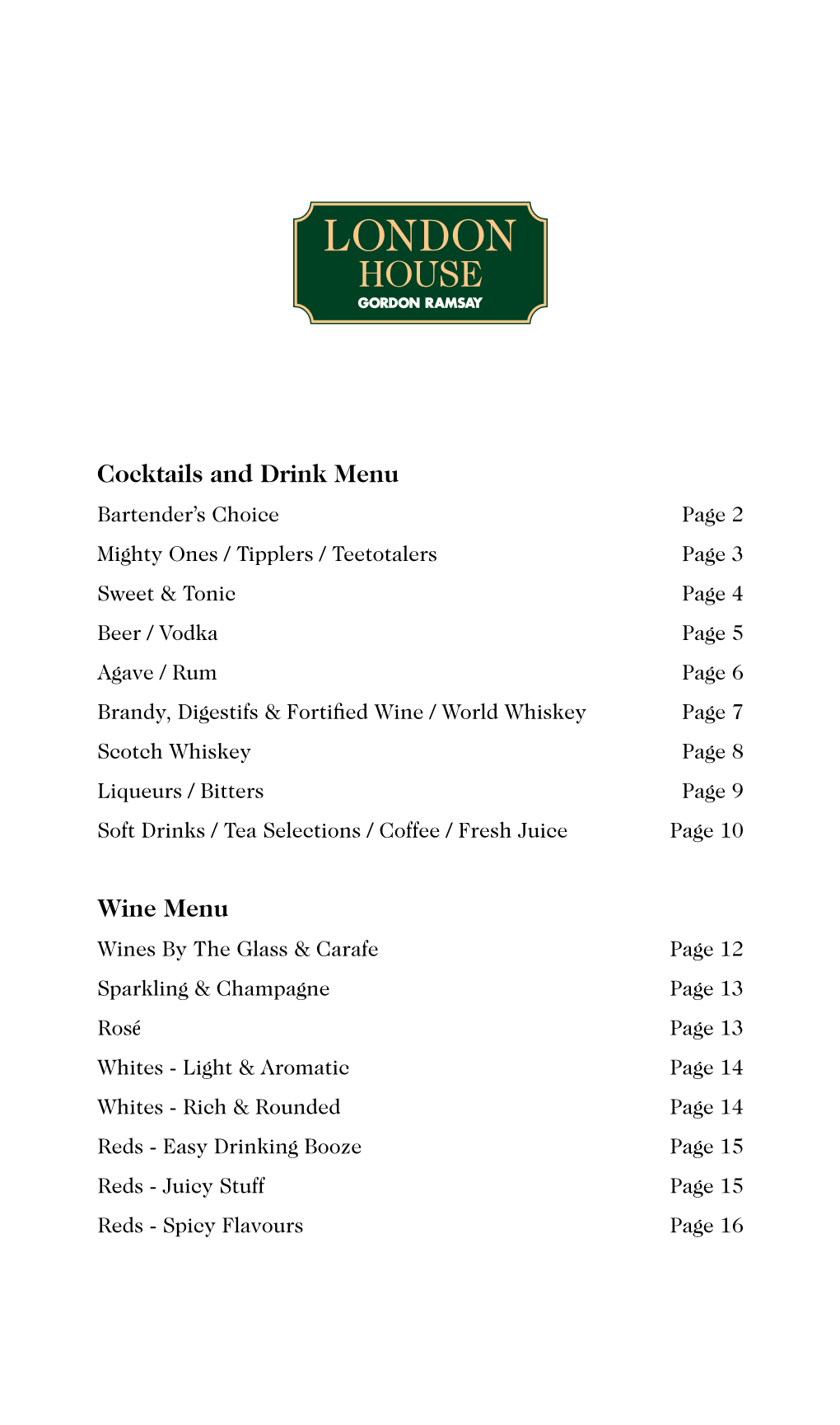 Cocktails and Drink Menu Wine Menu