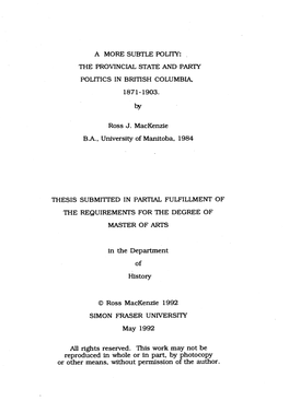 The Provincial State and Party Politics in British Columbia, 1871-1903